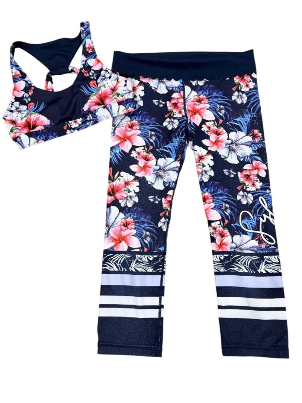 Sylvia P Floral Activewear Set Child Size 6/8 Sports Bra & Capri Leggings Navy P